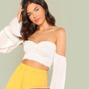 Flounce Sleeve Shirred Bardot Crop Top
